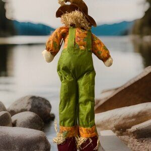 Decorative Fall Scarecrow Male Doll With Hat & Overalls Orange & Green Outfit Ru